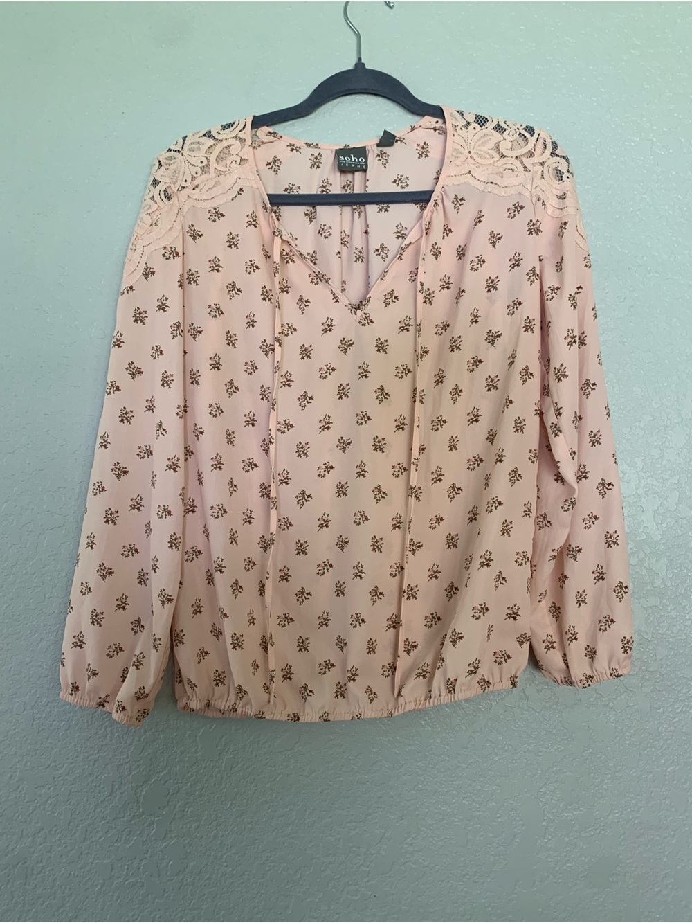 New York & Company Blush Pink Floral Lace-Shoulder V-Neck Blouse